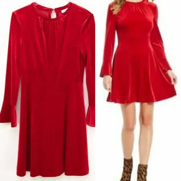 A Loves A Velvet Dress Fit & Flare Long Bell Sleeve Mini Red Size Small New - Picture 1 of 8